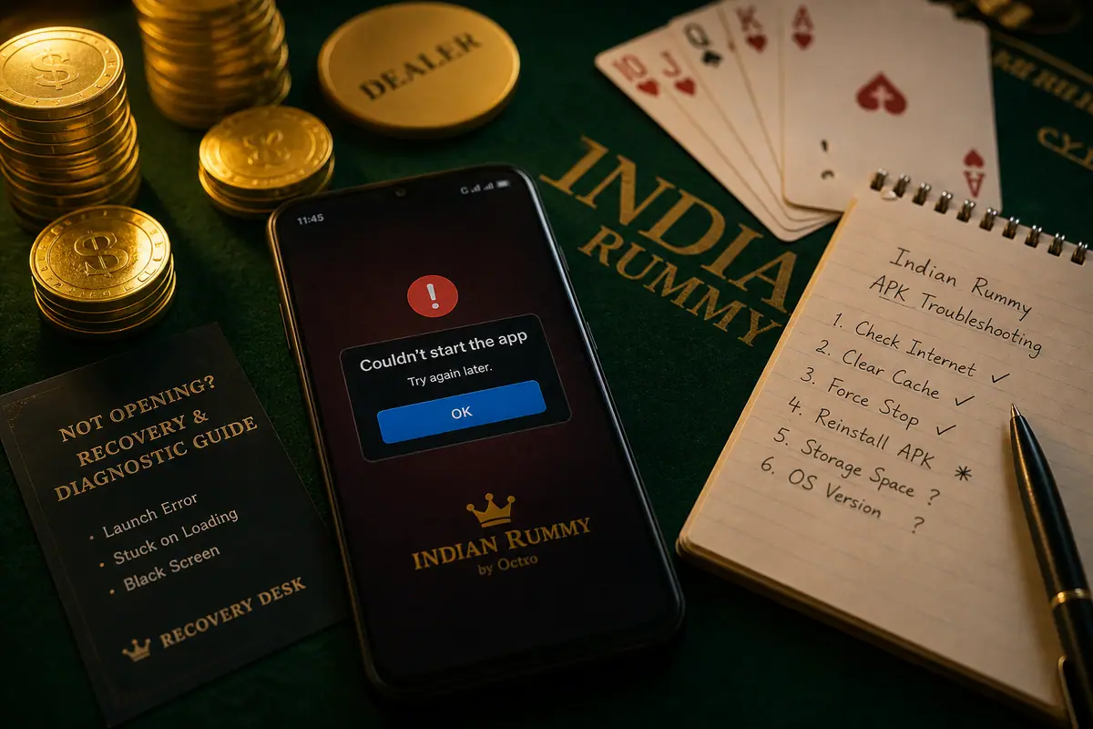 App not opening recovery desk with Indian Rummy launch diagnostics on phone