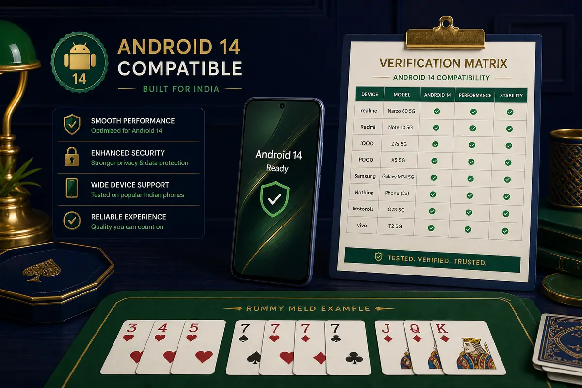 Android 14 compatibility desk with spec badges