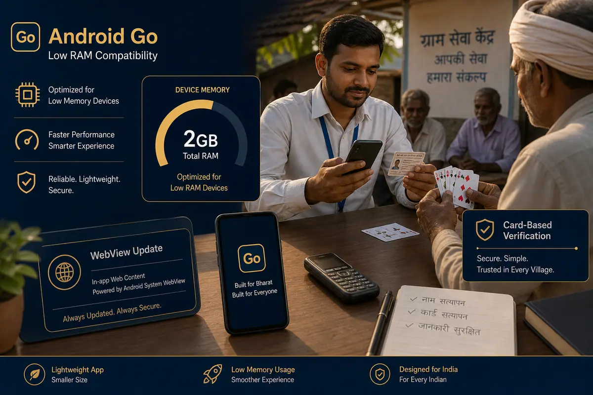 Android Go compatibility desk with a compact phone, physical rummy cards and textured felt