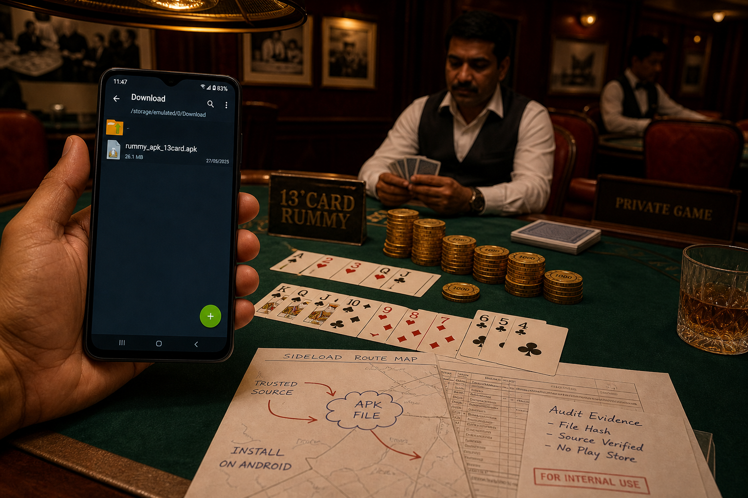 APK package evidence crop with phone and card detail for Rummy ऐप इंस्टॉल और OTP Problem Fix | APK सुरक्षा Desk