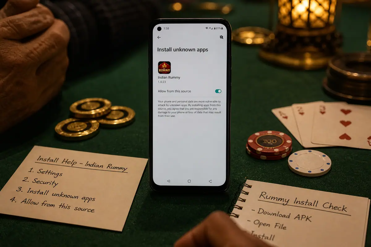 Install button troubleshooting desk with Android permission prompts and APK file