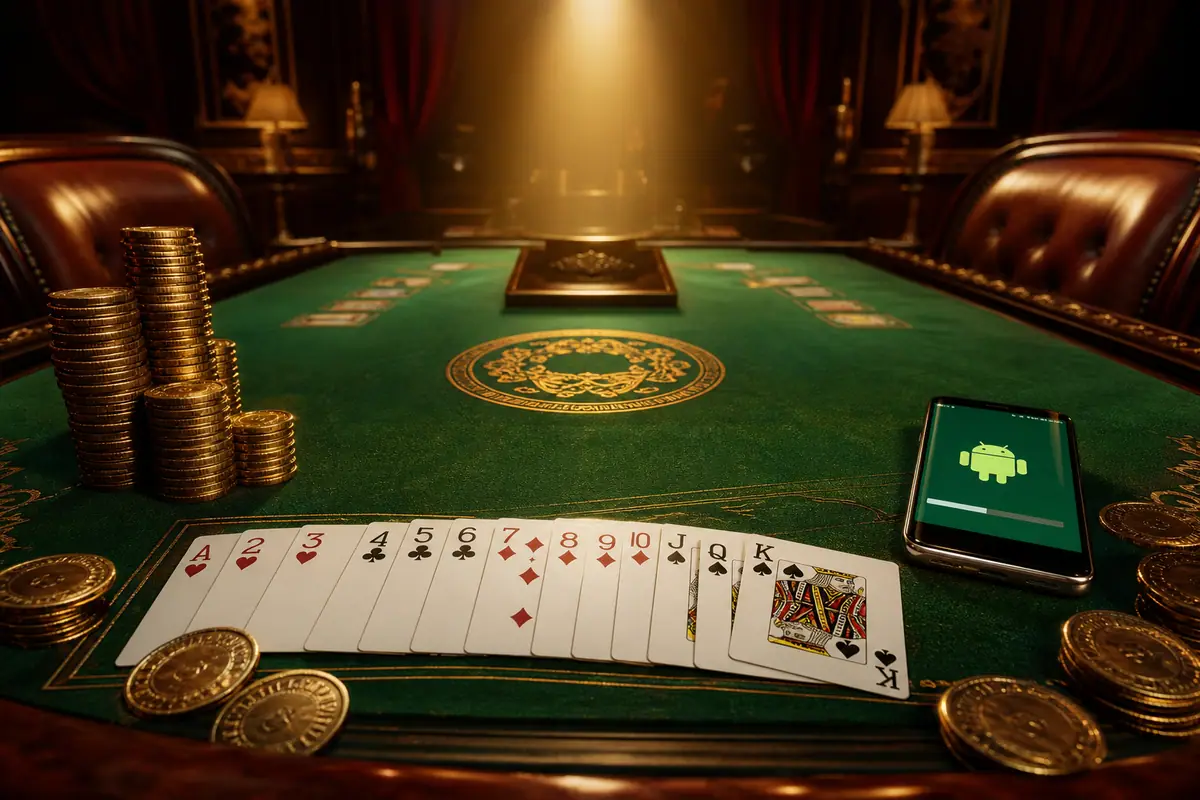 Emerald felt पर Indian Rummy APK verification desk, Android phone और physical 13-card props