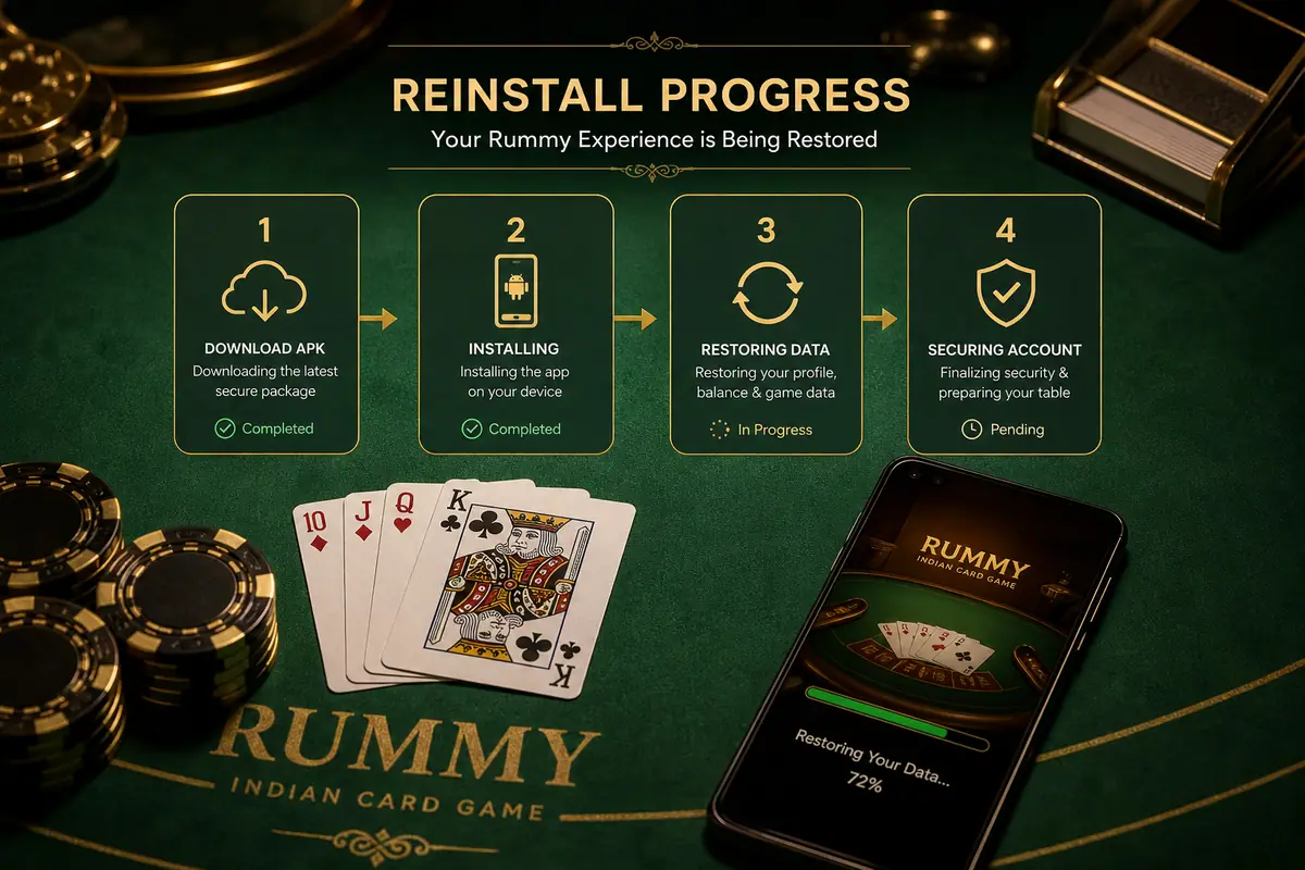 RummyAppBonus update recovery desk with Android phone, progress notes and physical cards
