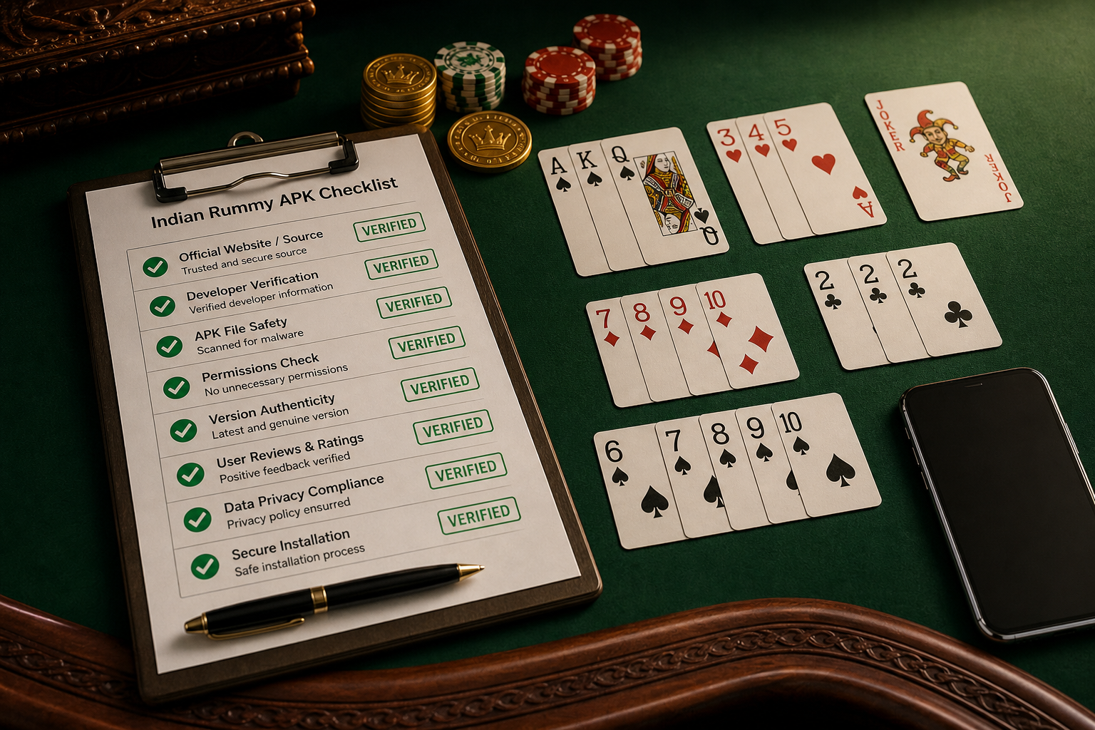 Permission-risk checklist with dark app-lobby lighting for Rummy ऐप इंस्टॉल और OTP Problem Fix | APK सुरक्षा Desk