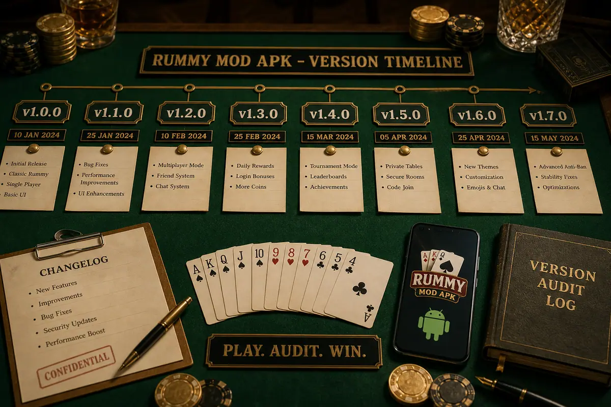 Version timeline desk with Indian Rummy 2026 changelog ledger and Android badges