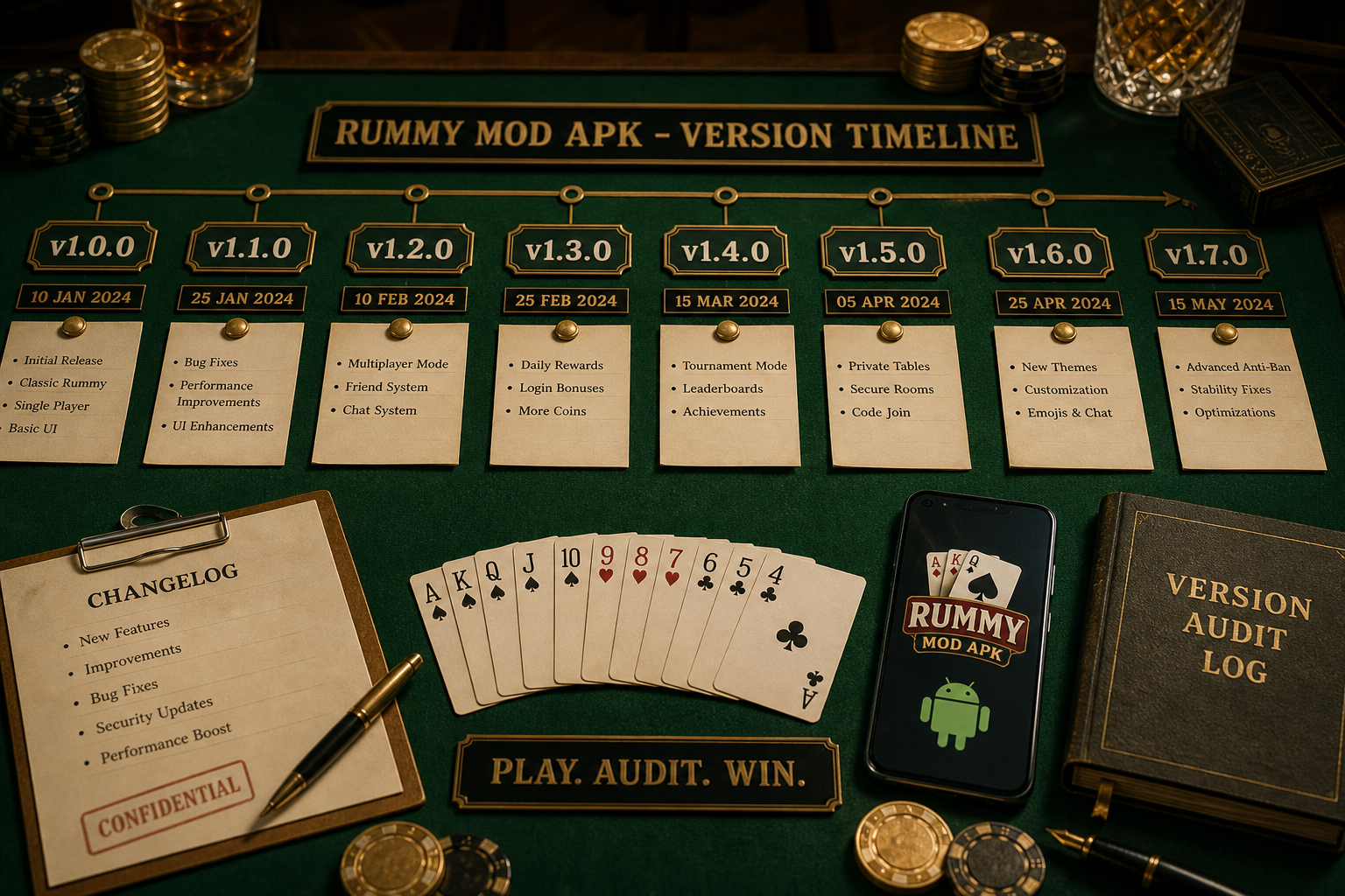 Version ledger beside rummy cards and source markers for Rummy ऐप इंस्टॉल और OTP Problem Fix | APK सुरक्षा Desk
